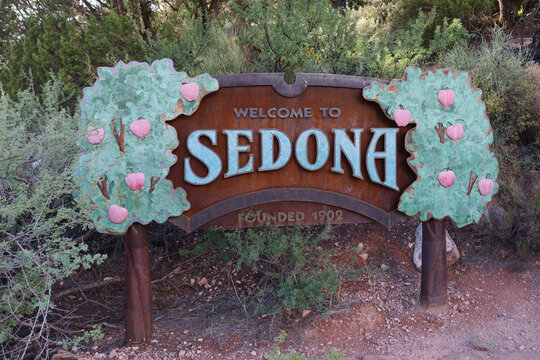 Welcome sign entering Sedona, Arizona, along US Route 89A.  Shown on October 12, 2025.