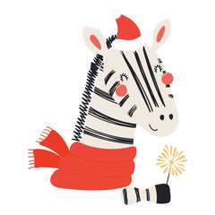 Zebra in a Santa hat, with sparkler isolated on transparent. Hand drawn flat vector illustration. Cute cartoon character. Traditional Christmas, New Year design element, clip art