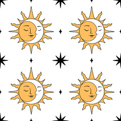 Seamless pattern with crescent Moon inside the golden Sun and black stars on a white background. Celestial design for wrapping paper, scrapbook, fabric, or textile. Astrological drawing for wallpaper.