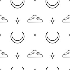 Vector seamless pattern with outline clouds, crescent moon and stars on a white background. Line drawing for wallpaper or card. Celestial design for wrapping paper, scrapbook, fabric, or textile.