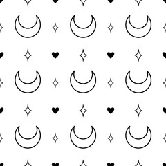 Vector seamless pattern with outline crescent moon, stars and hearts on a white background. Line drawing for wallpaper or card. Celestial design for wrapping paper, scrapbook, fabric, or textile.