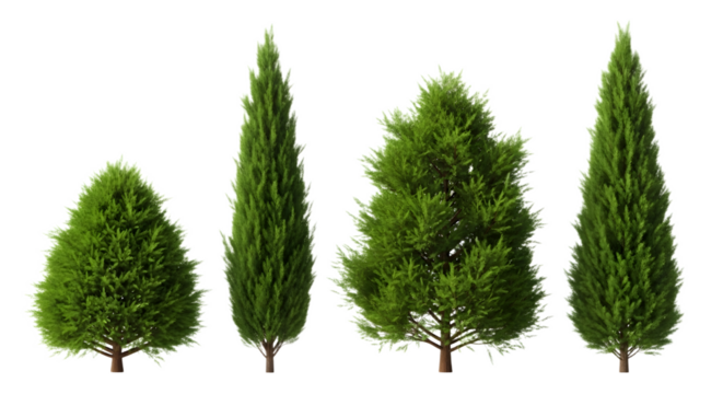 isolated row of four evergreen trees ,  Four pine trees in different sizes, isolated on a transparent background PNG  - Powered by Adobe