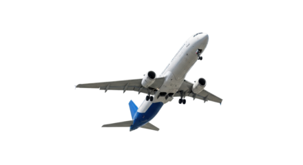 Sleek, modern commercial airplane in white and blue livery, landing gear retracted, ascending against a transparent studio background, concept of global travel and future aviation