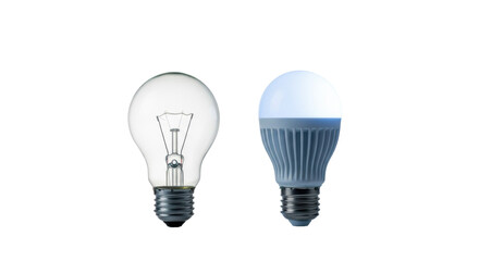 A classic incandescent light bulb and a modern LED bulb side-by-side on a reflective white surface with soft studio lighting, concept of technological advancement