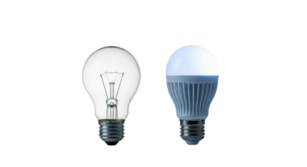 A classic incandescent light bulb and a modern LED bulb side-by-side on a reflective white surface with soft studio lighting, concept of technological advancement