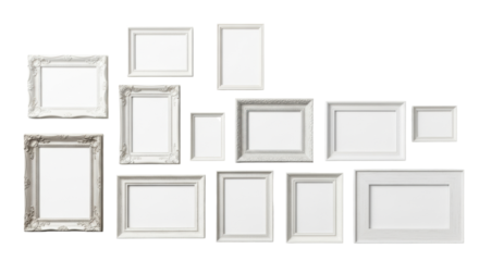 Nine distinct empty picture frames (baroque, modern, rustic, minimalist) in white, off-white, light grey tones, pure blank inner spaces, flat lay on white, negative space for text overlay, concept of