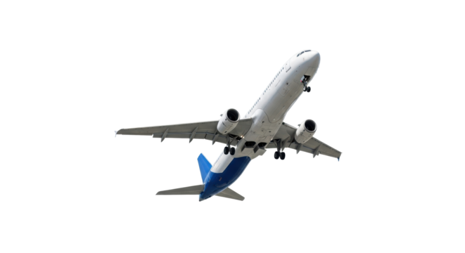 Sleek, modern commercial airplane in white and blue livery, landing gear retracted, ascending against a transparent studio background, concept of global travel and future aviation