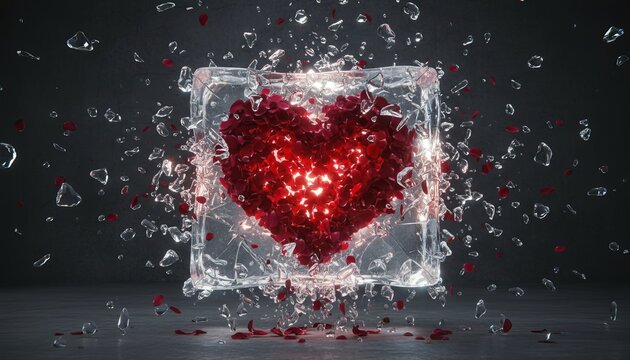 Dramatic red heart of rose petals breaking free from a shattering ice cube, with ice shards and petals flying against a dark background.
