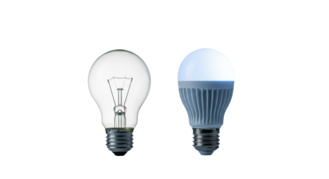 A classic incandescent light bulb and a modern LED bulb side-by-side on a reflective white surface with soft studio lighting, concept of technological advancement