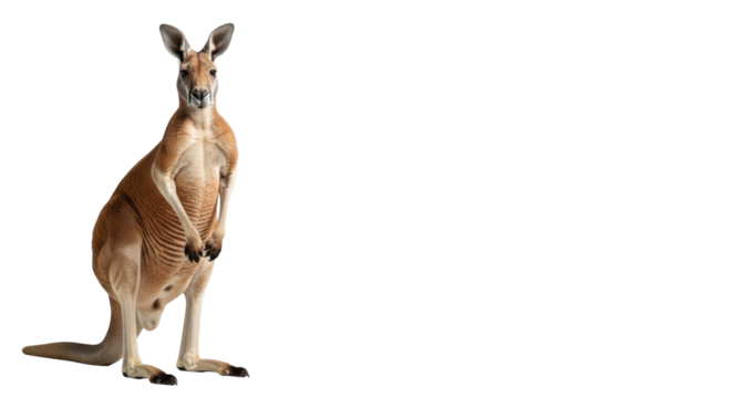 Powerful adult red kangaroo with muscular build, rich reddish-brown fur, standing upright, confident gaze, against blurred corporate background with copy space, market leadership concept