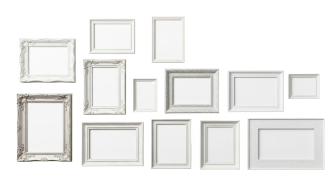 Nine distinct empty picture frames (baroque, modern, rustic, minimalist) in white, off-white, light grey tones, pure blank inner spaces, flat lay on white, negative space for text overlay, concept of