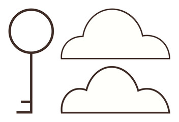 Minimalist key beside overlapping cloud outlines symbolizing access, security, data storage, connectivity, freedom, innovation, and digital transformation. Ideal for tech, creativity simplicity