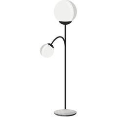 Modern minimalist floor lamp with two white globes on a black stem and a round grey base on a transparent background