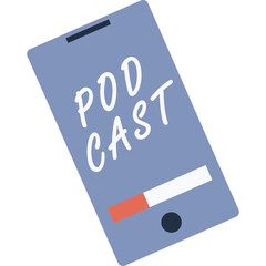 Modern Mobile Phone Displaying the Word Podcast with Progress Bar and Play Button on a Transparent Background with Soft Blue Purple and Red Tones