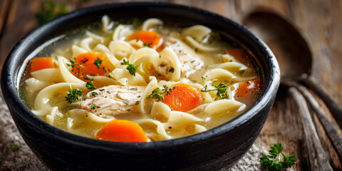 .Bowl of homemade chicken noodle soup served on a rustic wooden table