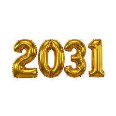 Gleaming gold balloons spelling out the year 2031 on a black background number golden isolated on a transparent background