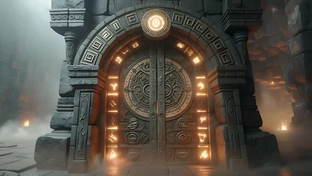 A Mysterious and Ancient Magical Portal Adorned with Luminescent Arcane Symbols  Situated in a Dark and Foggy Stone Chamber Filled with Ethereal