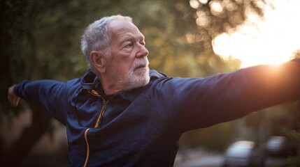 Elderly man stretching outdoors during sunset in healthy lifestyle