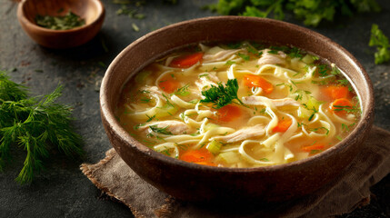 Hot bowl of chicken noodle soup on wooden surface, healthy comfort food