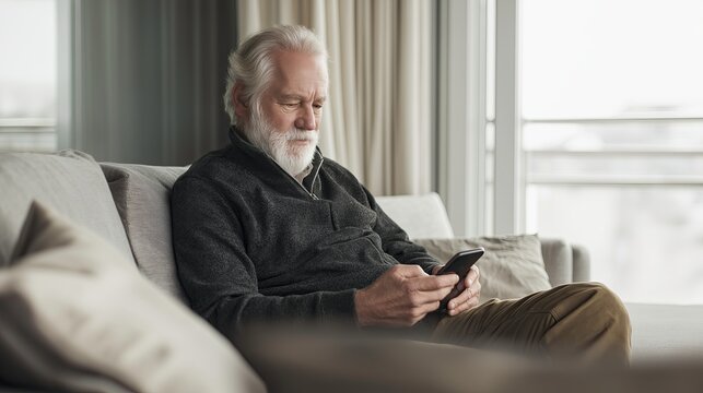Elderly man using smartphone while sitting on couch in modern living room  