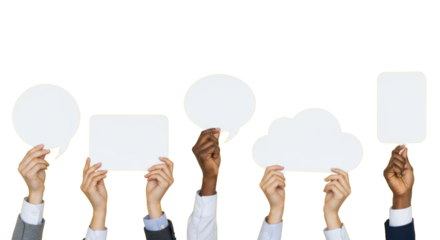 Multiple diverse well-manicured hands in professional business attire hold transparent blank speech bubbles against a vibrant yellow studio background. Concept of new ideas and open communication