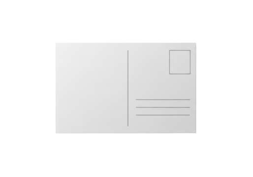 Pristine, ultra-realistic blank off-white postcard with dividing line, address lines, stamp box, subtle paper texture, on a neutral background, studio flat lay concept for clear communication