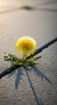 A single yellow dandelion blooms resiliently from a crack in concrete, casting long shadows on the ground, symbolizing strength and endurance. Concept of perseverance, hope.
