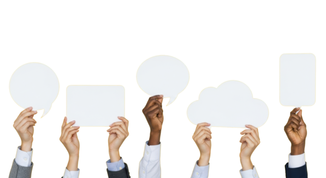 Multiple diverse well-manicured hands in professional business attire hold transparent blank speech bubbles against a vibrant yellow studio background. Concept of new ideas and open communication