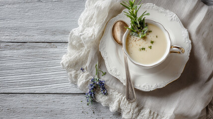 French du Barry white soup served in bowl on rustic table, top view