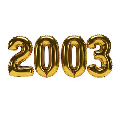 Golden 2003 number balloons with sparkling highlights on black background year isolated on a transparent background