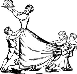 Whimsical vintage scene of woman holding cake with children playfully pulling at her dress and a dog looking on, creating a charming historical moment