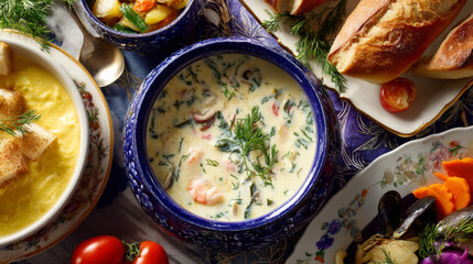 French du Barry white soup served in bowl on rustic table, top view