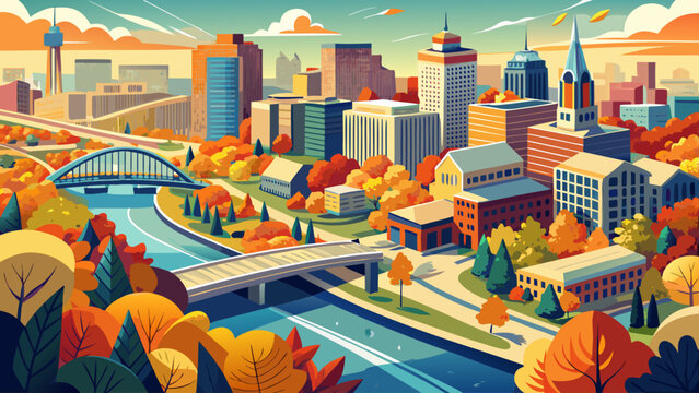 Very beautiful aerial view of Fort Wayne, Indiana, USA during fall, showcasing vibrant autumn foliage, the river winding through the city, and bridges connecting urban neighborhoods.