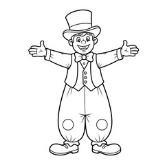 Friendly cartoon clown with top hat and bow tie welcomes you with open arms, ready for coloring books, circus themes, and creative projects