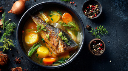 Fresh fish soup served in ceramic bowl on dark textured surface, top view