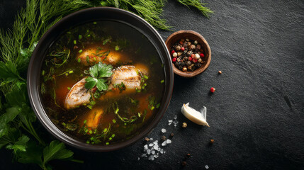 Fresh fish soup served in ceramic bowl on dark textured surface, top view