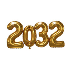 Golden 2032 number balloons with sparkling highlights on black background year new year isolated on a transparent background