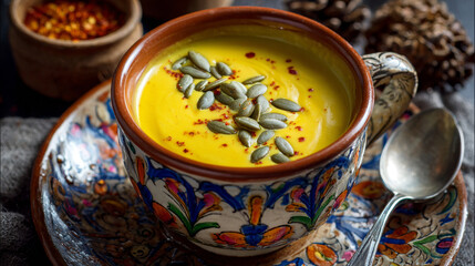 Warm pumpkin soup with cream swirl in ceramic bowl