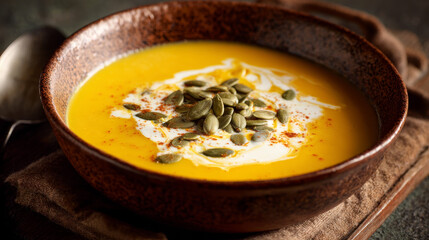 Warm pumpkin soup with cream swirl in ceramic bowl