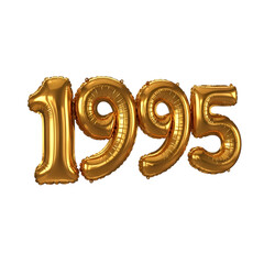 Golden foil balloons forming the year 1995 with reflective highlights on black past history isolated on a transparent background