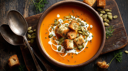 Bowl of pumpkin puree soup topped with cream, croutons, and pumpkin seeds on a rustic table
