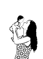 Loving embrace of mother holding newborn baby, sketched in black and white for timeless appeal, perfect for Mother's Day greetings and family celebrations