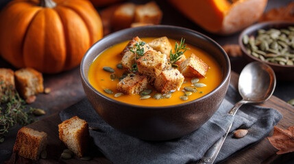 Homemade autumn pumpkin soup with garnish and bread cubes.