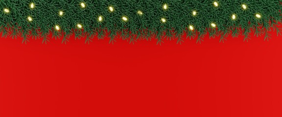 3D Rendering of Christmas Garland with Lights on Red Background