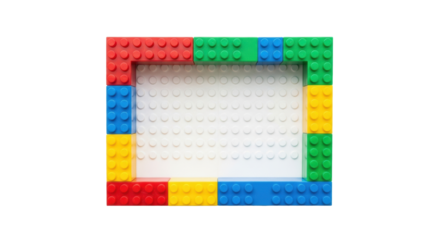 Rectangular frame of vibrant red, blue, green, yellow interlocking plastic blocks, precisely aligned on a textured white background with copy space, top-down view, concept of strategic planning