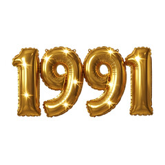 Shiny golden 1991 year number balloons with sparkling highlights on a black background graphic design isolated on a transparent background