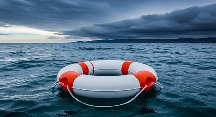 Vibrant lifebuoy offers a beacon of hope and safety amidst the tumultuous, dark ocean under a menacing, stormy sky, symbolizing rescue and support
