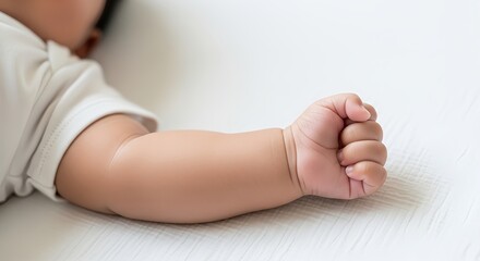 Close-up of a sweet newborn infant's delicate arm and tiny clenched fist resting peacefully on a soft white texture, embodying tranquility and the purity of early childhood