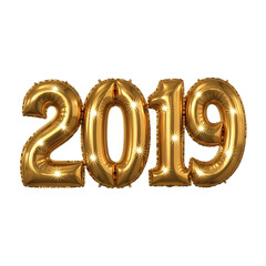 Sparkling gold 2019 balloons on black background year past isolated on a transparent background