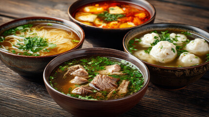 Assorted international soups with fresh vegetables, including noodle broth, beef soup, and dumpling broth on rustic table